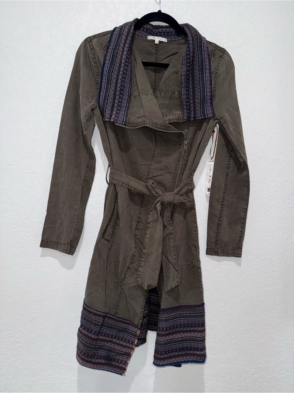 Willow & Clay Olive Trench Coat with Patterned Trim